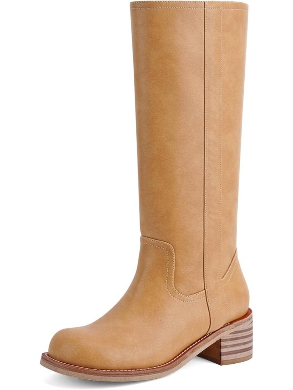 Womens Chestnut Brown Low Heel Square Toe Chunky Block Heel Long Knee High Boot